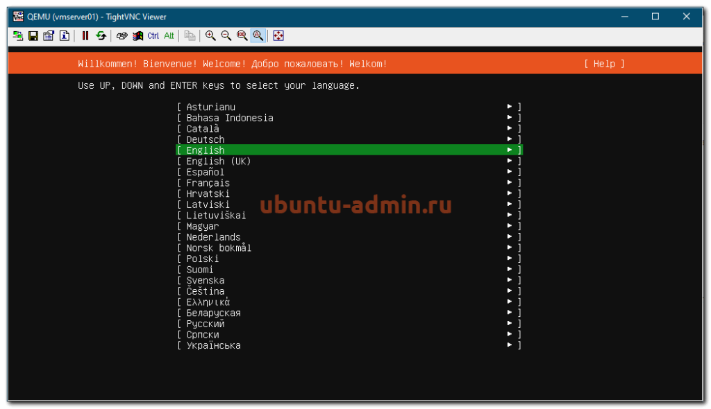 Консоль виртуальной машины с ubuntu в kvm